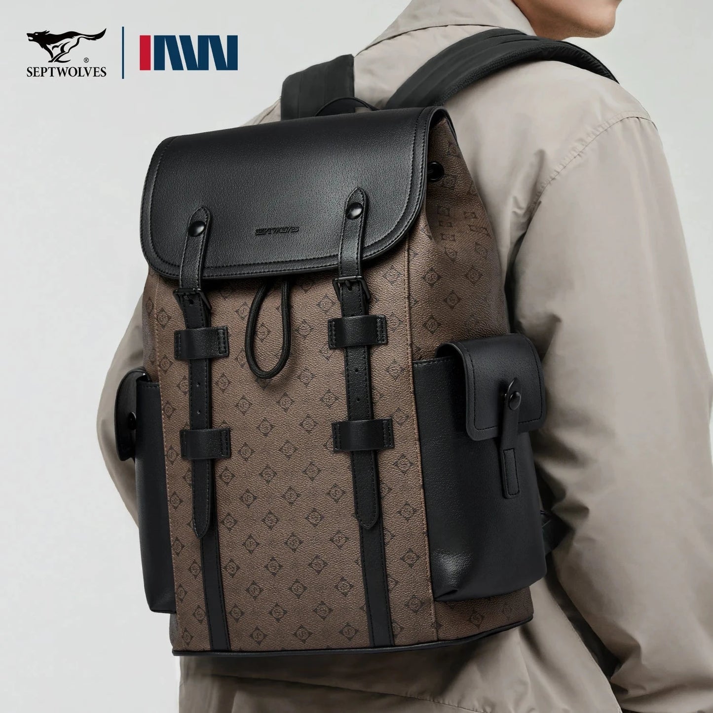 Septwolves Fashion Design Printed Leather Backpack Man Large GlowCart