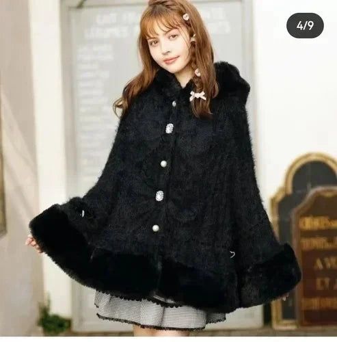Japanese Liz Sweet Princess Faux Rabbit Fur Cape Coat Women GlowCart