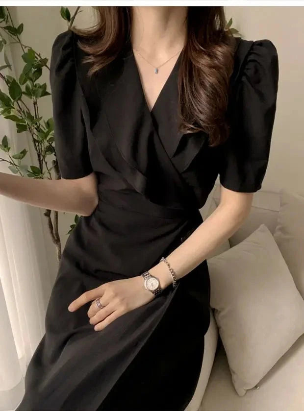 Summer New Chic V-ne Turn-down Collar Slimming Waist Midi Dr GlowCart