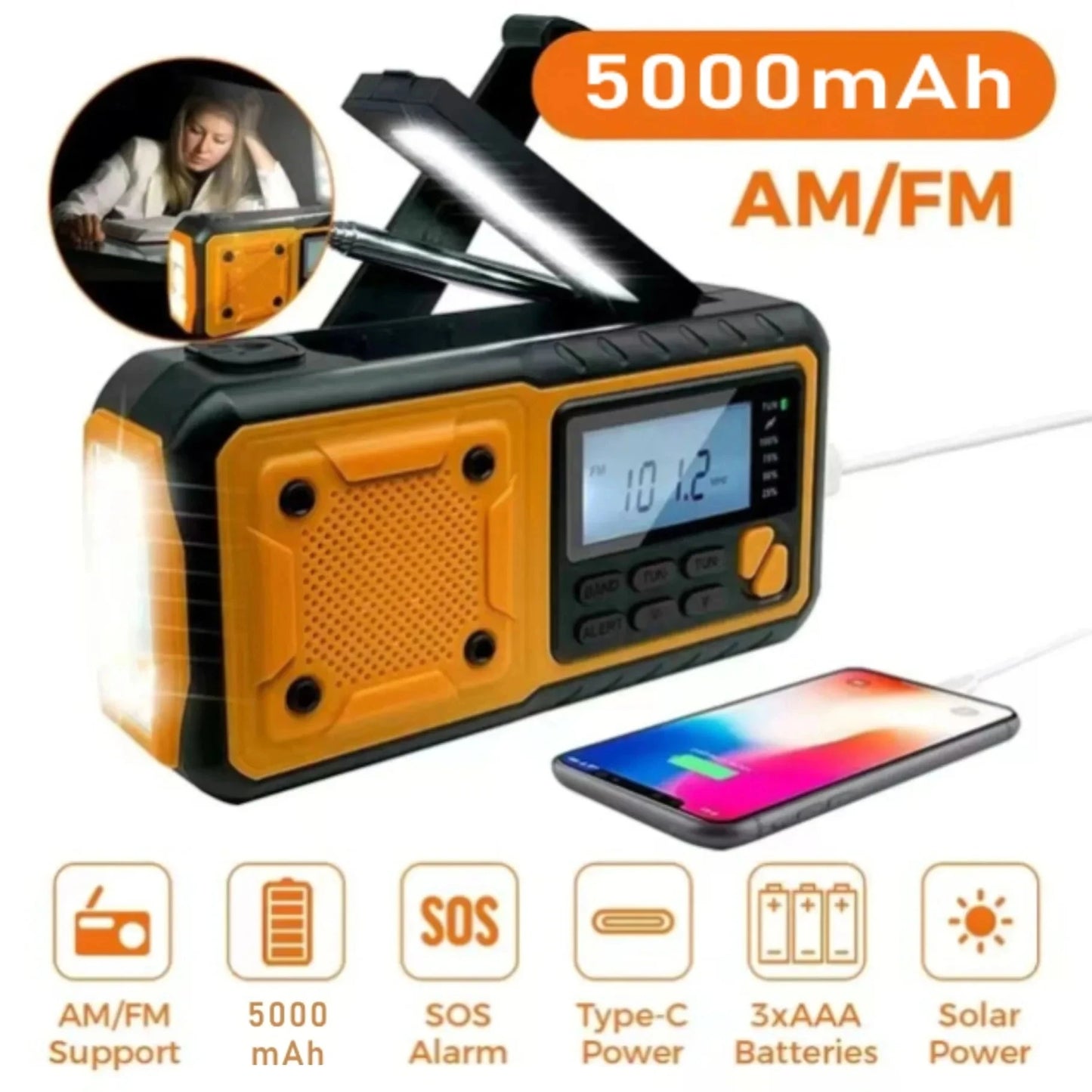 5000mAh Portable Emergency Solar Power Radio Hand Crank GlowCart