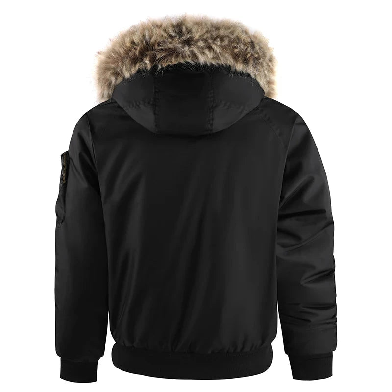 Men's Winter Black Aviator Jacket with Detachable Faux Fur GlowCart