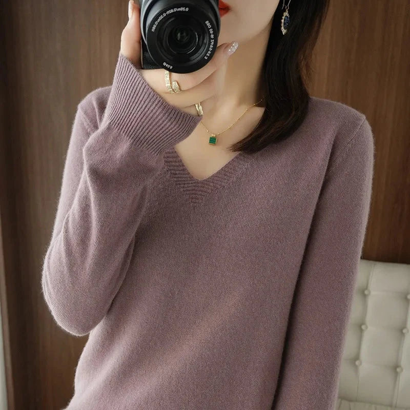 Women's Sweater 2025 Autumn Winter Knitted Pullovers V-neck GlowCart