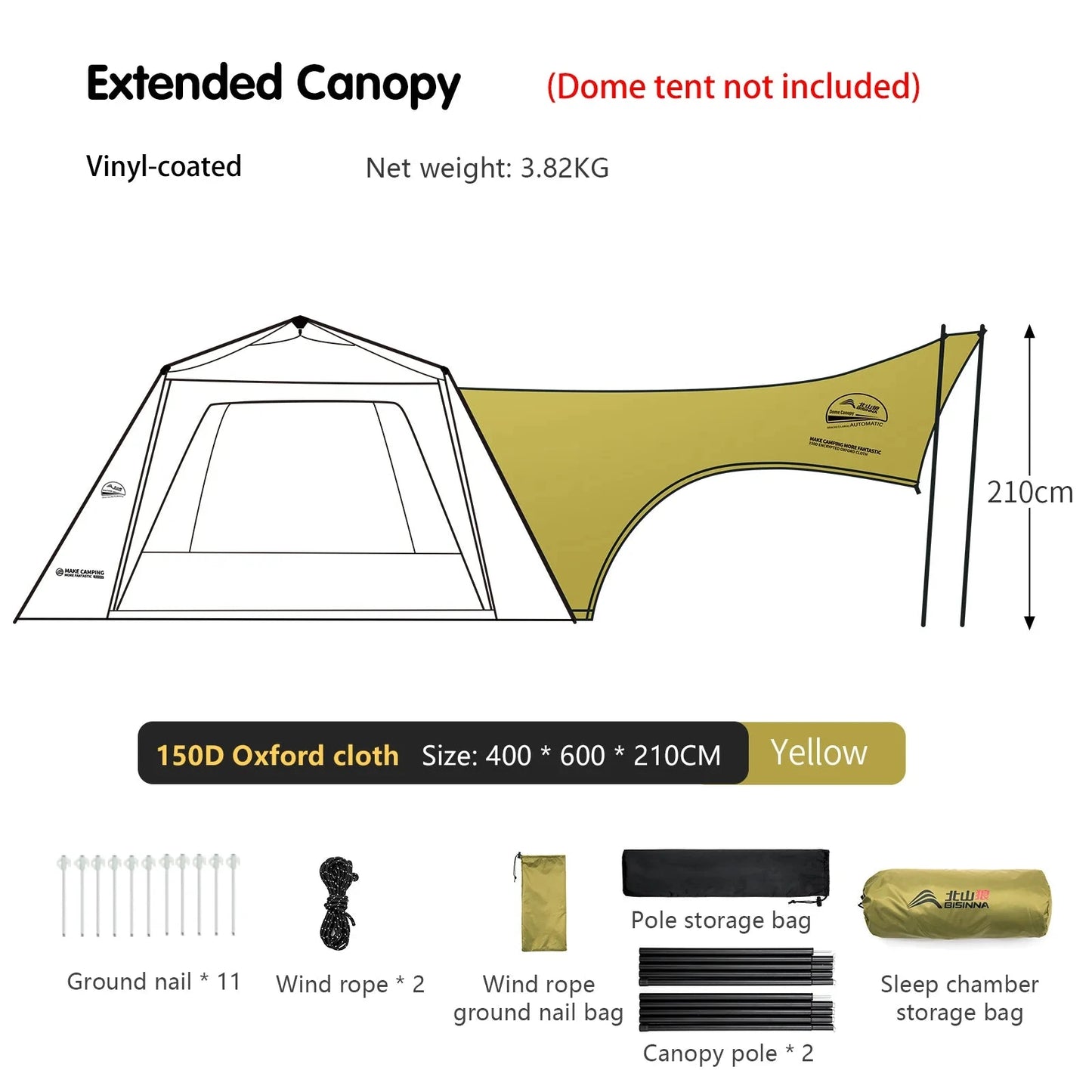 BISINNA 6-8 Persons One-touch Dome Tent Vinyl Coated Canopy GlowCart