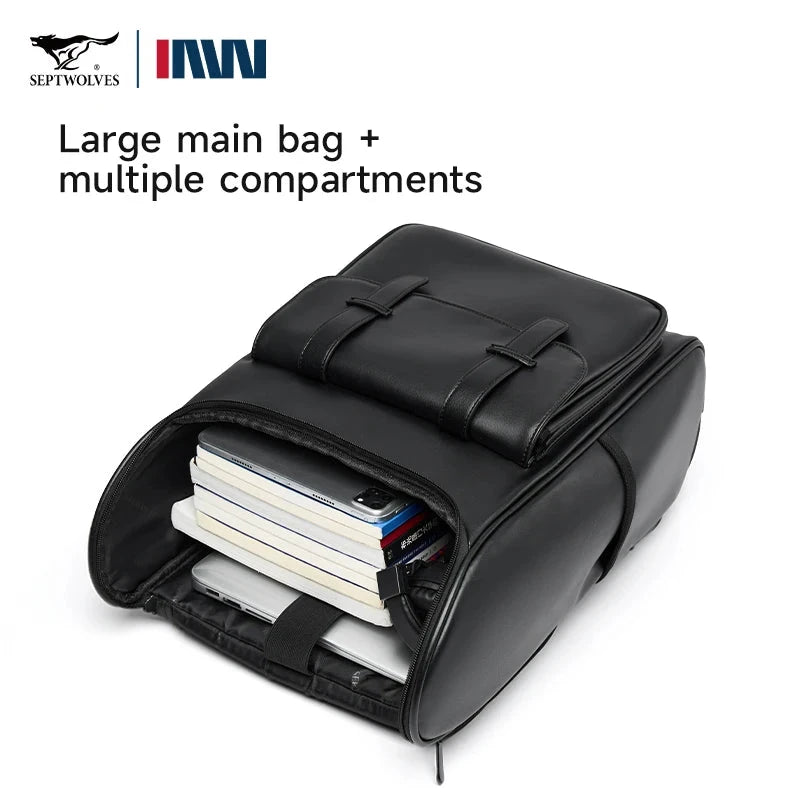 Septwolves Waterproof Leather Laptop Backpack Man Business GlowCart