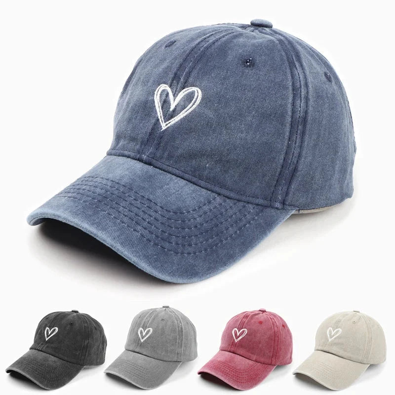 Summer Women Baseball Cap Peach Heart Embroidered Wash Denim GlowCart