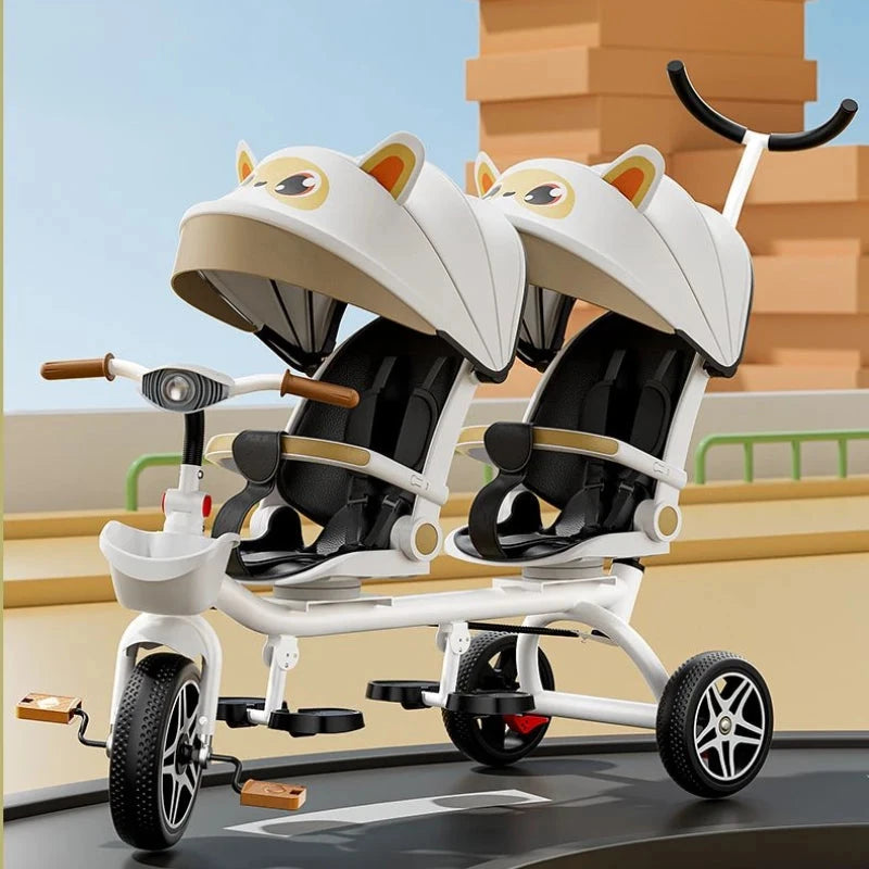 Multifunctional Twin Children's Tricycle Foldable Baby Bicycle Two-way Twin Baby Stroller Swivel Seat Double Stroller GlowCart