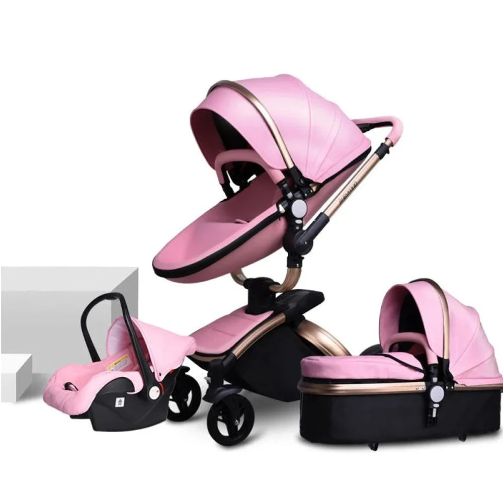 New PU leather baby stroller 3 in 1,High-Grade Baby Stroller High Landscape Infant Carriage,Luxury Baby Stroller,Folding pram GlowCart