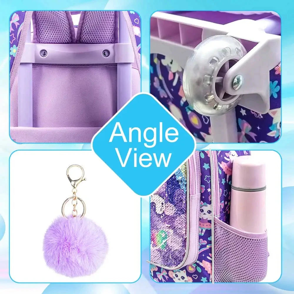 3PCS Rolling Backpack for Girls Kids Roller Wheels Bookbag with Lunch Bag Purple Cat Pattern Design Glow-in-the-Dark Function GlowCart