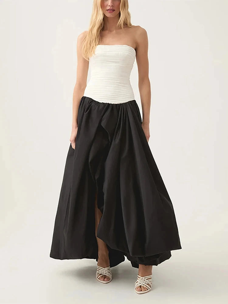 Sexy Strapless Printed Split Deign Long Bubble Dress Women GlowCart