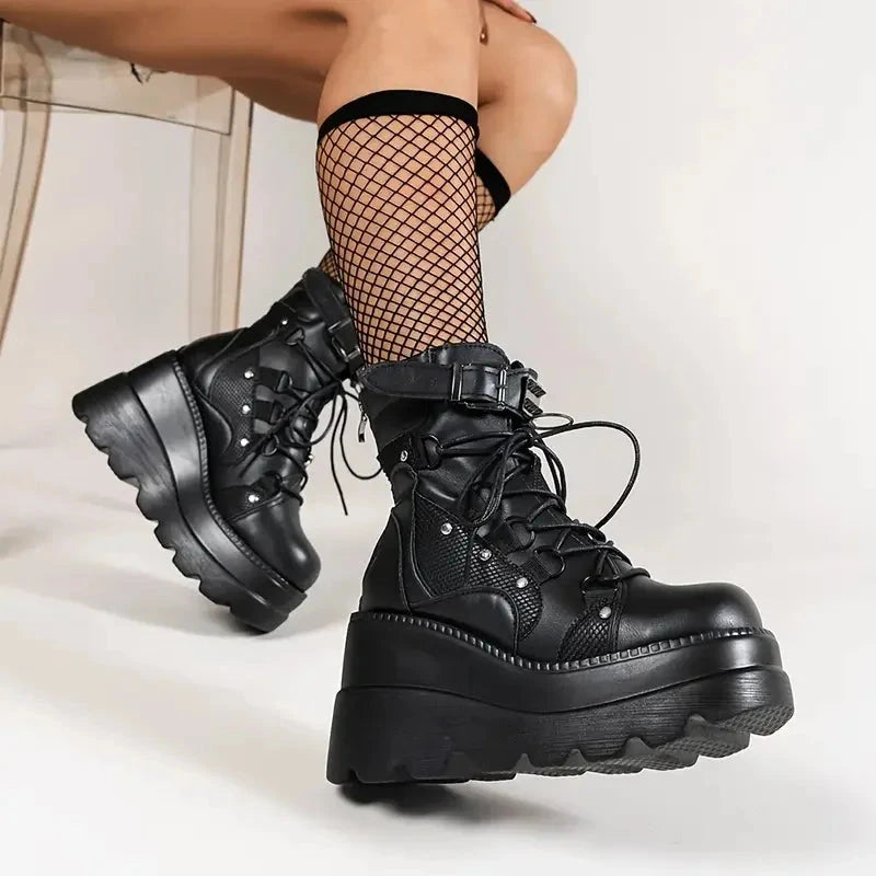Women's Goth Cosplay Wedge Combat Ankle Boots Fashion GlowCart
