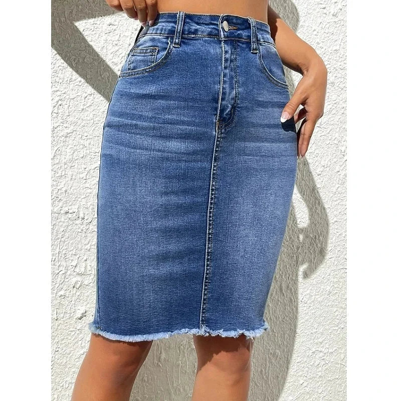 ﻿ ﻿ Women High Waist Denim Skirts Ladies Stretch Jeans Knee Length Casual Bodycon Skirt GlowCart
