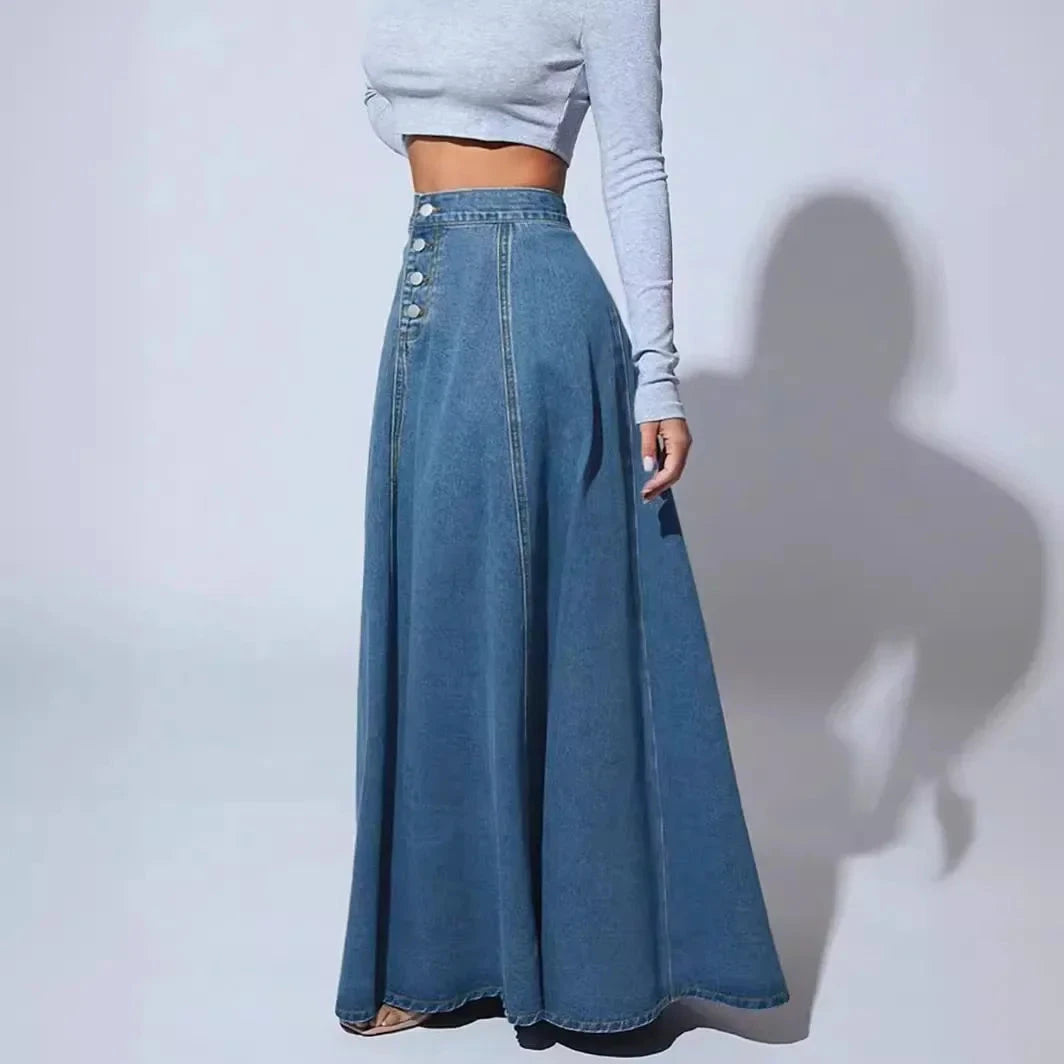 Denim Skirts Women Long Skirt A Line Single Breasted High Waist Jeans Vintage Maxi Simple Casual Elegant Splice Y2k Streetwear GlowCart