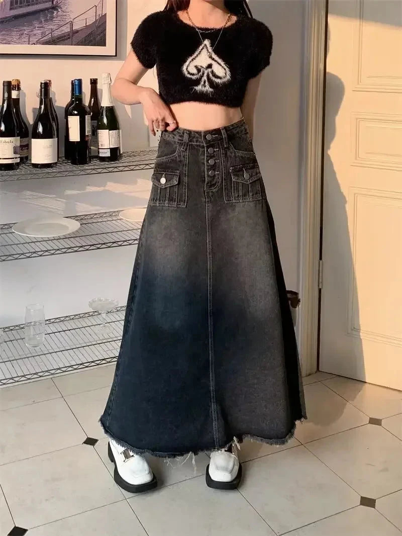 New Streetwear Denim Skirt Spring Summer Fashion Frayed Hem Pocket High Waist Long Jeans Skirt Loose Plus Size Skirt S-5XL GlowCart