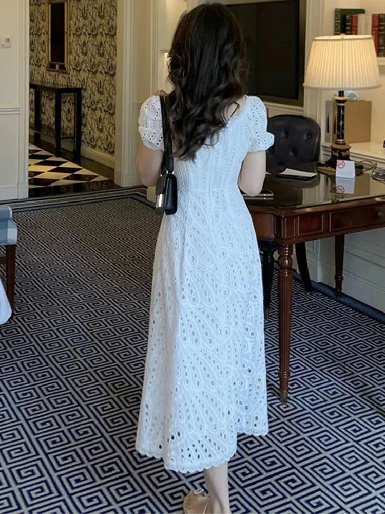 Korean Chic White Midi Dress Women French Hollow Out Sexy GlowCart