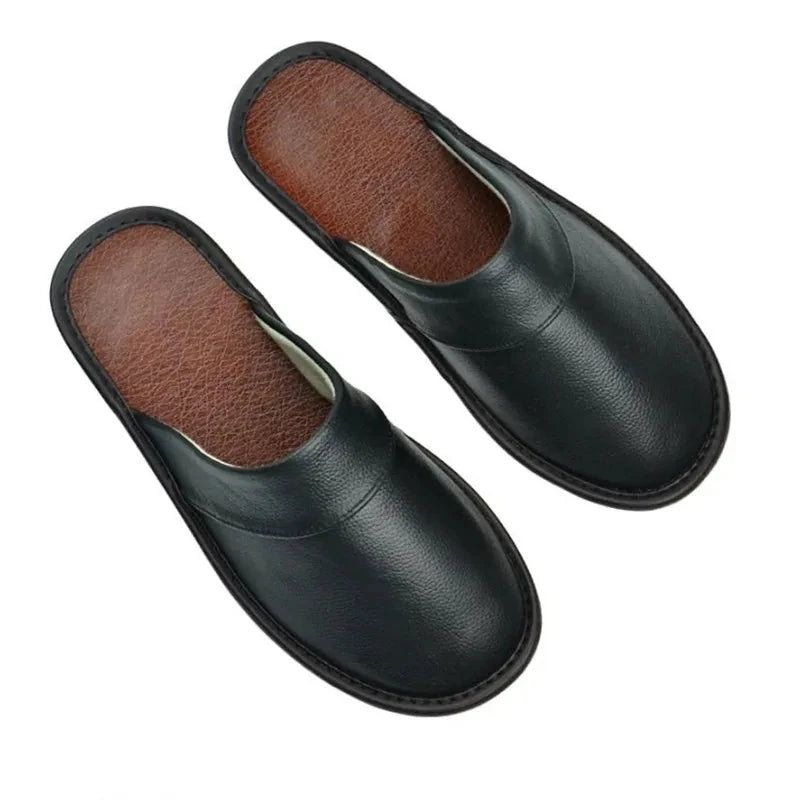 Indoor Leather Slippers Men Home Cheap Shoes Women Spring Autumn New Style Flat Mules High Quality Unisex House Slippers GlowCart