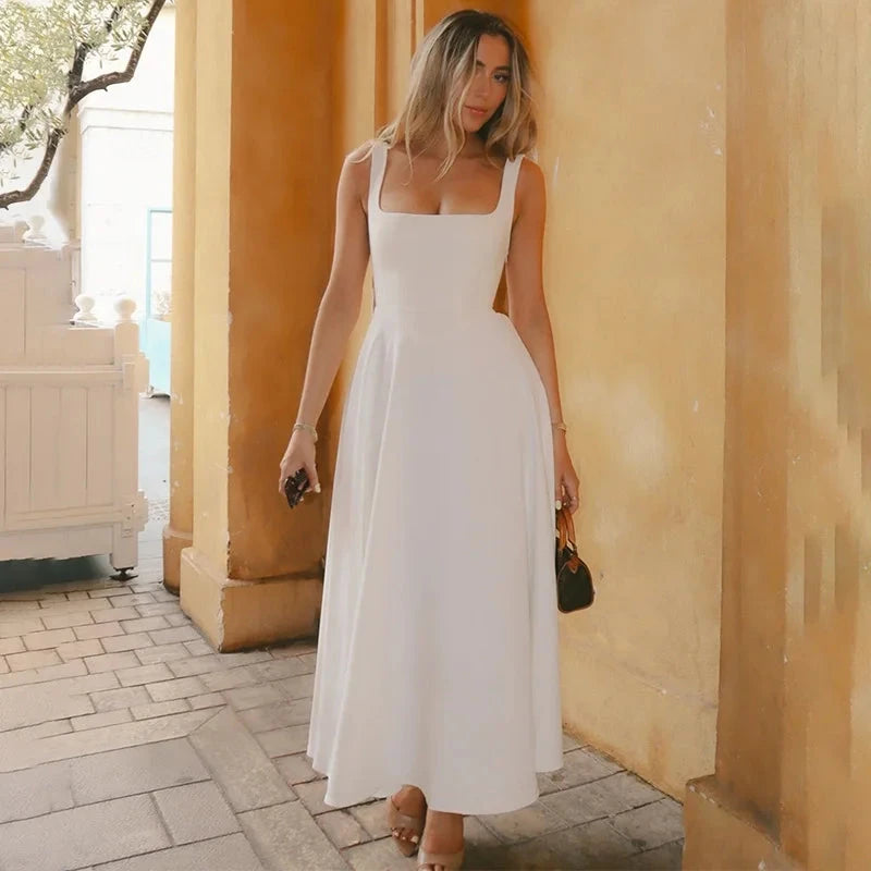 JULISSA MO Sexy Square Collar Women Maxi Dress White GlowCart