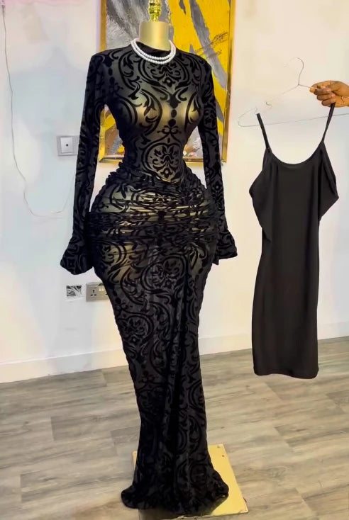 CM.YAYA Women Long Sleeve Stacked Mesh See Though with Lining Bodycon Long Dress 2025 Autumn Evening Birthday Sexy Party Dresses GlowCart