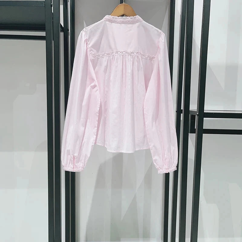 pink Women Hollow Out Lace Long Sleeve shirt 100% cotton GlowCart
