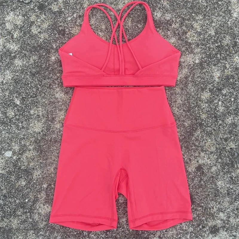 Solid Color Gym Bike Yoga Set Short Legging Cross Back Sport GlowCart