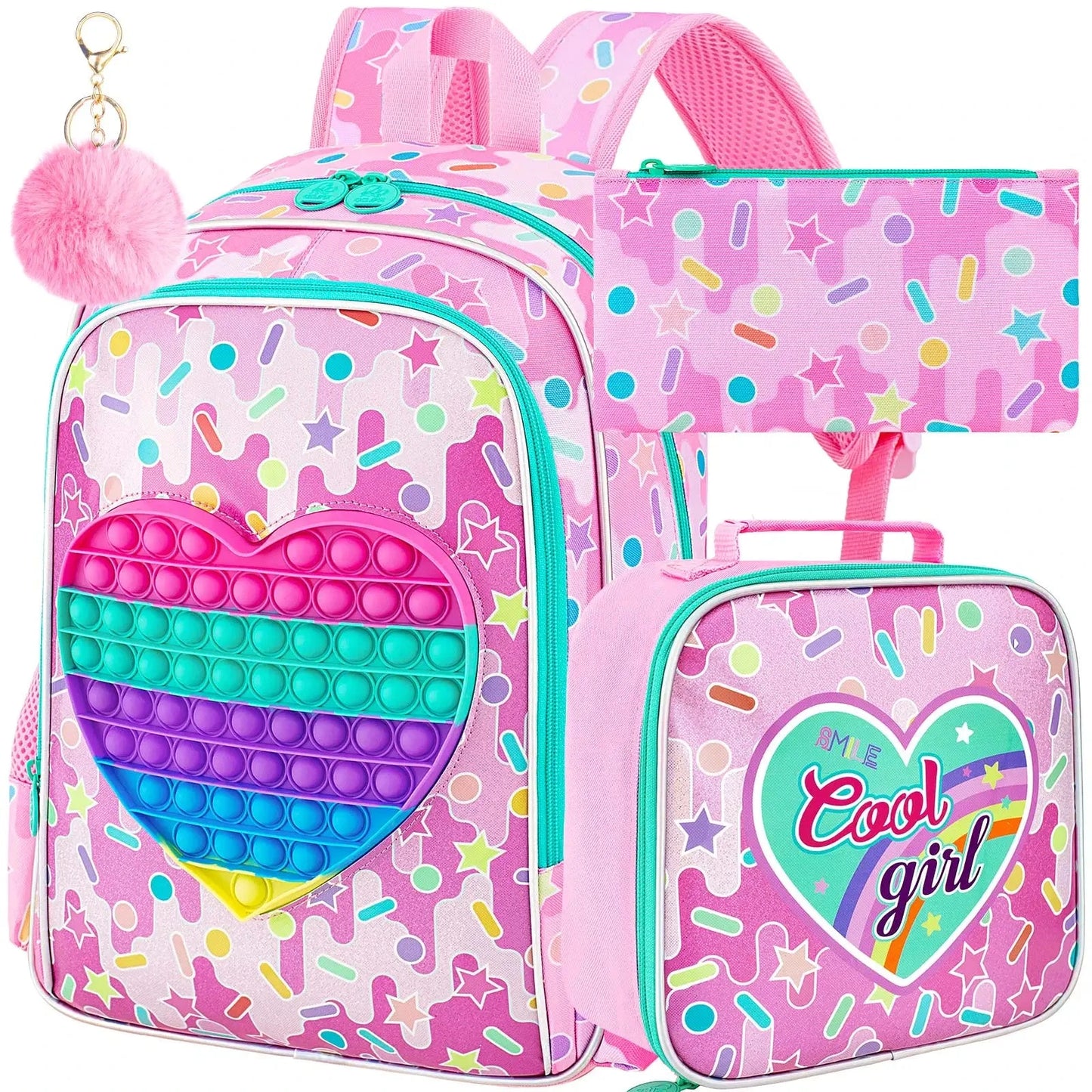 3PCS  Backpack for Girls, 16" Kids Backpacks with Lunch Box, Water Resistant Girl Bookbag for School Elementary GlowCart