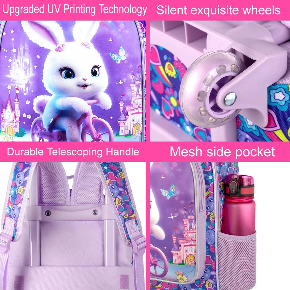 3PCS Rolling Backpack for Girls and Boys, Kids Roller Wheels Bookbag, Wheeled Elementary School Bag with Lunch Bag GlowCart