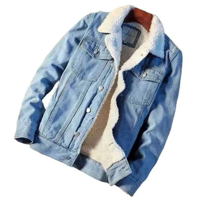 2022 Winter Fleece-lined Thickened Denim Jacket Men's Korean GlowCart