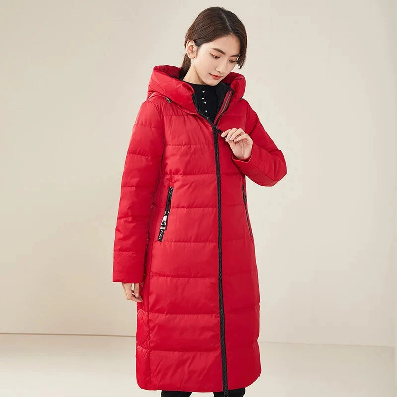Chericom Women's Red Long Hooded Down Jacket Winter Hooded GlowCart