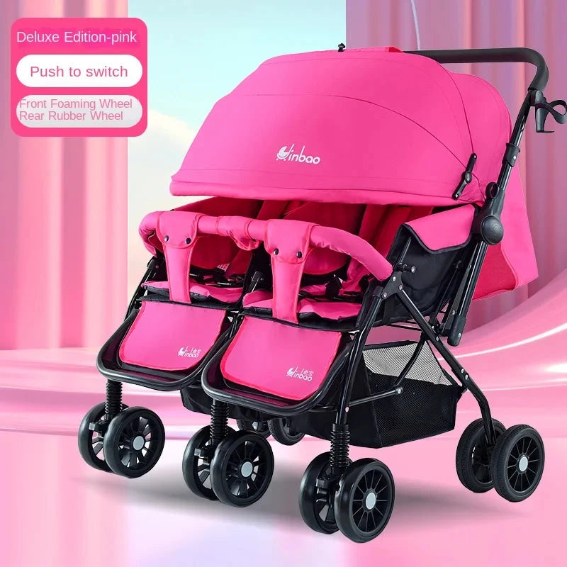 Baby Double Pushchair Ultra Lightweight Two-way Foldable Shock Absorbing Poussette Double Can Sit and Lie Down Twin Pram GlowCart