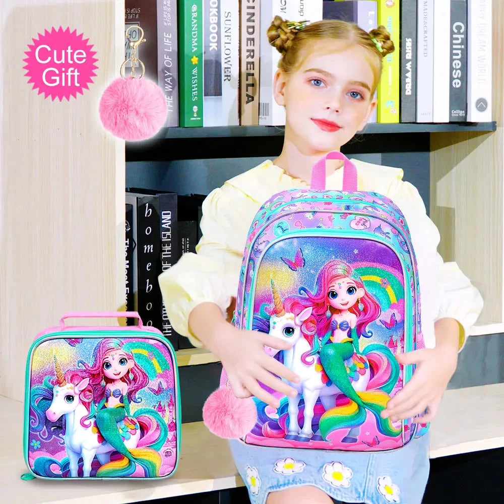 3PCS Mermaid Backpack for Girls, 16" Kids Backpacks Water Resistant with Lunch Box, Bookbag for Elementary Preschool GlowCart