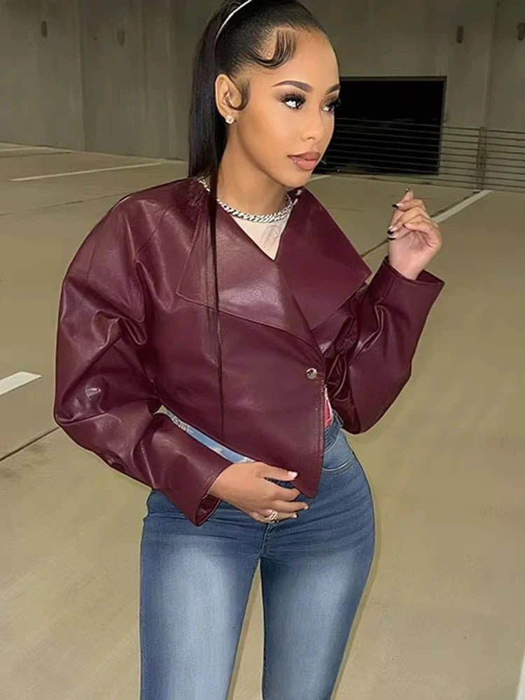 Sisterlinda Faux Leather Single Button Crop Jacket Women GlowCart