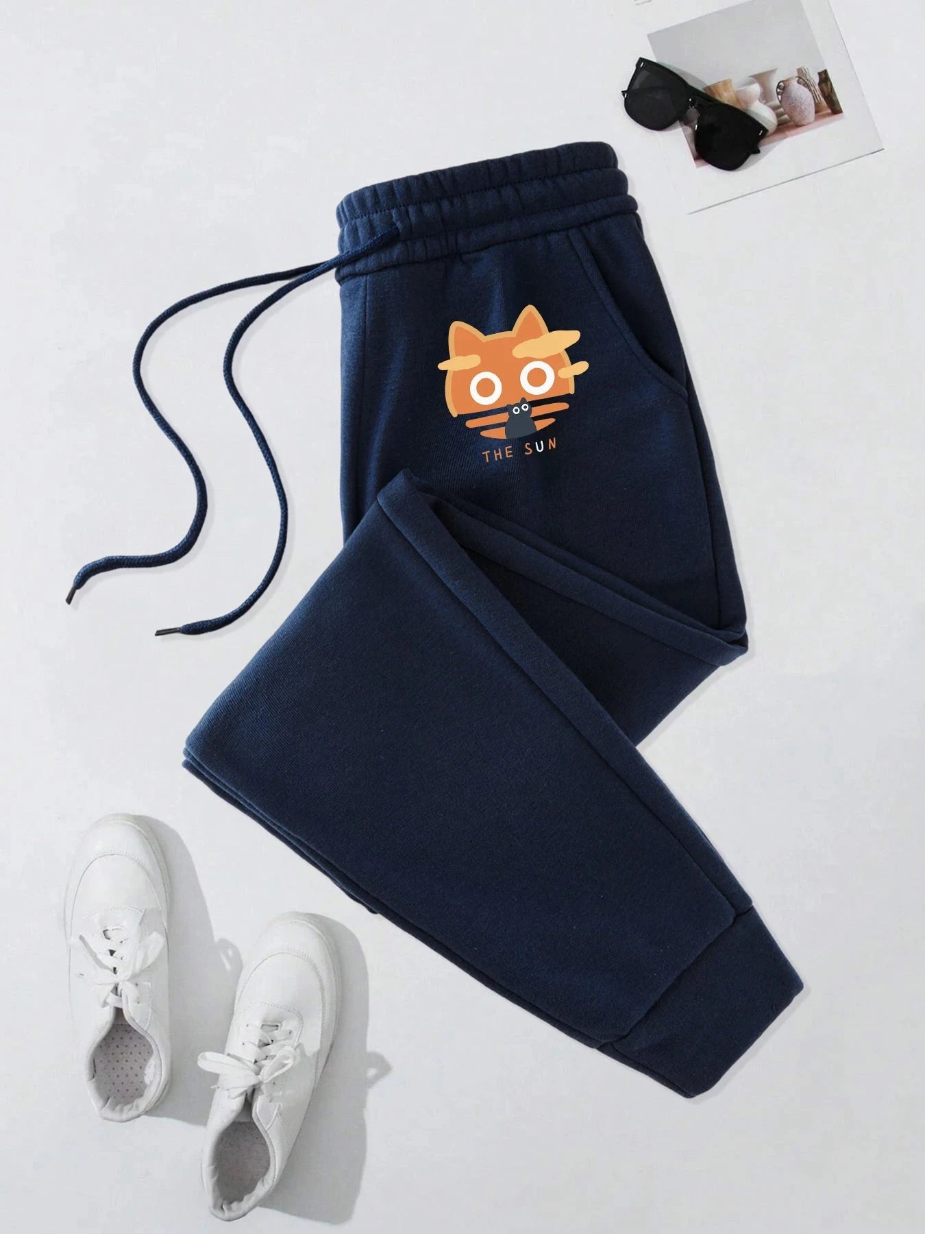 The Sun Cat Print Men Warm Elastic Waist Sweatpants Casual GlowCart