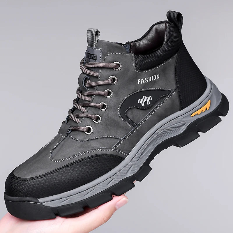 Men's Lace-Up High Top Shoes Fashion Leather Casual Shoes for Man Outdoor Motorcycle Boots Male Ankle Botas Warm Walking Boots GlowCart