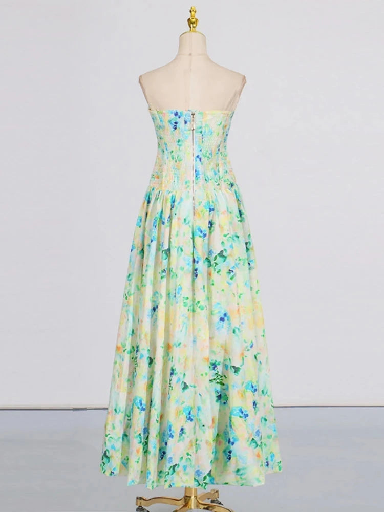 Sexy Strapless Printed Split Deign Long Bubble Dress Women GlowCart