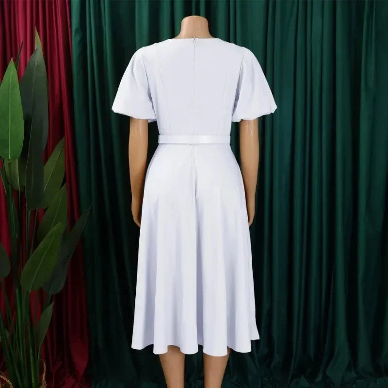 Ladies Office Dresses Women Formal Work O-Neck Puff Sleeve GlowCart