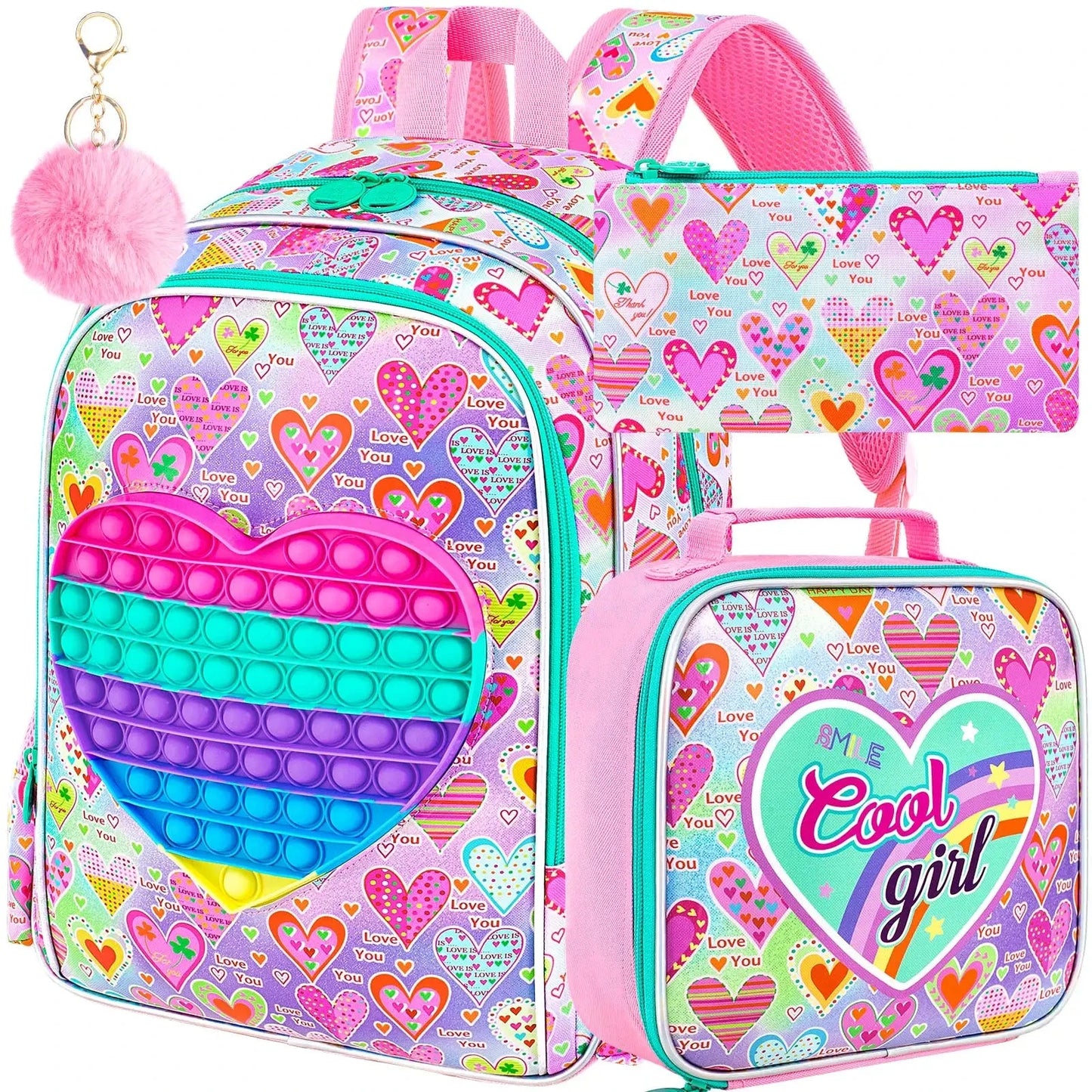 3PCS  Backpack for Girls, 16" Kids Backpacks with Lunch Box, Water Resistant Girl Bookbag for School Elementary GlowCart