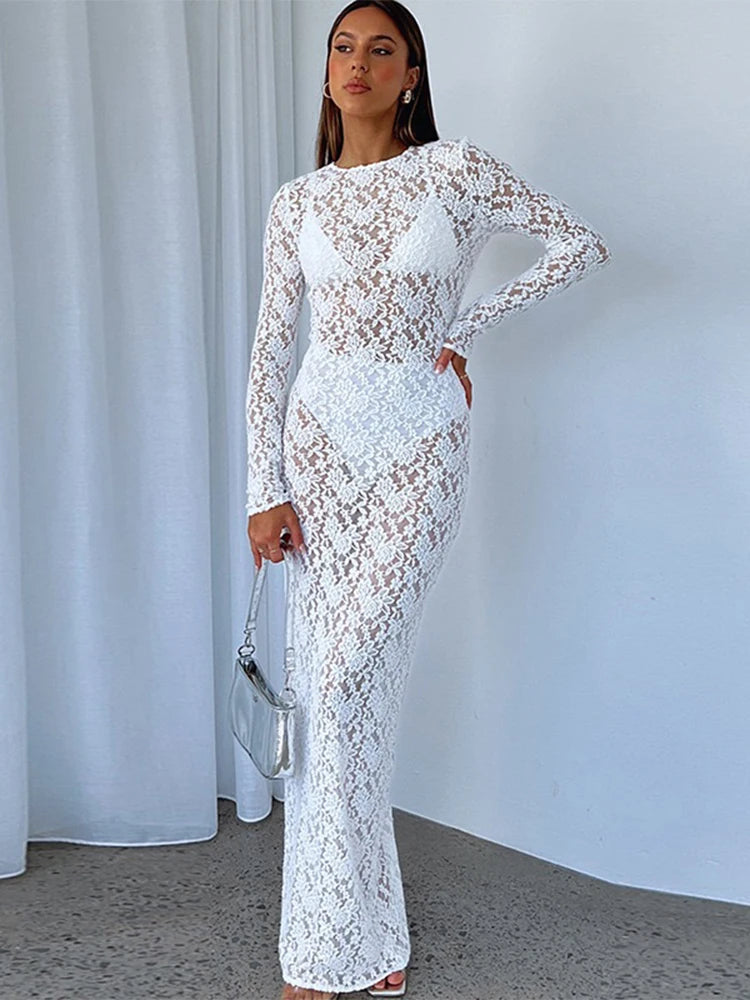 Trendix Sexy Lace See Through Dress Women's Solid Long Sleeve O Neck Elegant Evening Dresses Fashion Hollow Beach Party Dress GlowCart