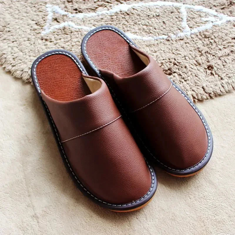 Indoor Leather Slippers Men Home Cheap Shoes Women Spring Autumn New Style Flat Mules High Quality Unisex House Slippers GlowCart