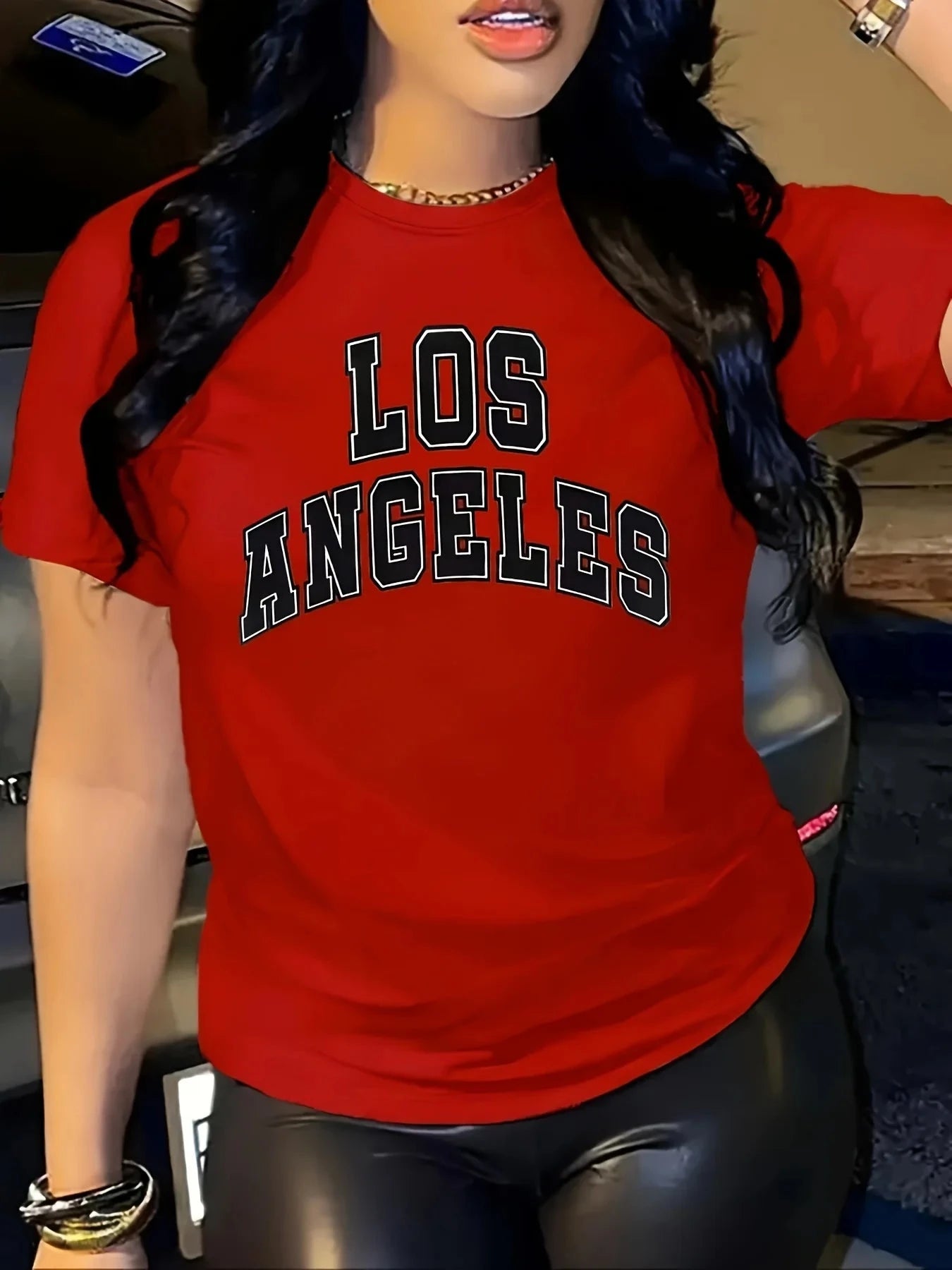 Women's red T-shirt LOS ANGELES Casual Round Neck short GlowCart