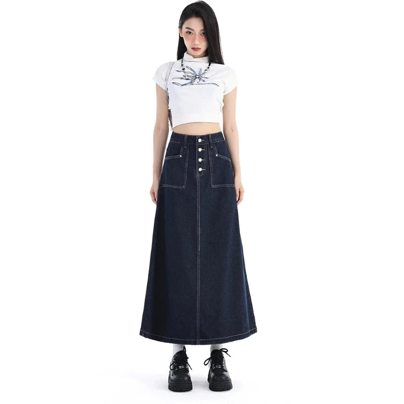 High Waist Denim Skirt Women Autumn 2024 New Arrival Single Buttons Long Skirt Women Korean Style Casual Jeans Skirts Womens GlowCart