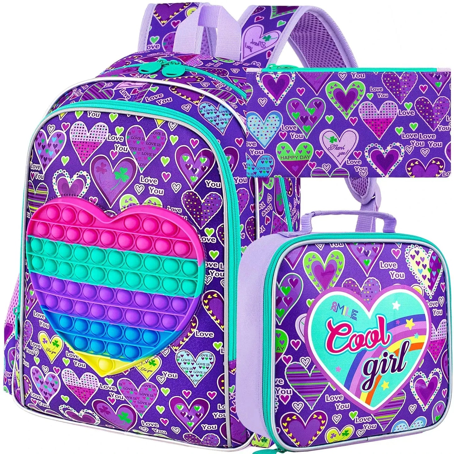 3PCS  Backpack for Girls, 16" Kids Backpacks with Lunch Box, Water Resistant Girl Bookbag for School Elementary GlowCart
