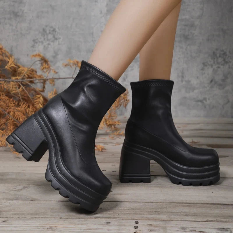 Women New Fashion Short Boots Women Sexy Leather Boot Square GlowCart