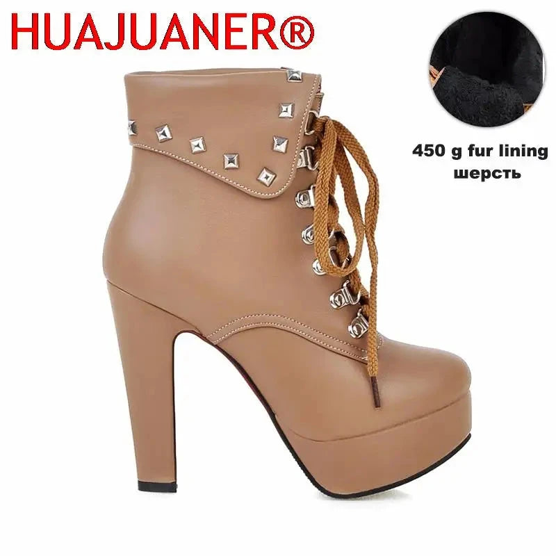Winter Style Thick High Heels Rivets Lace Up Ankle Boots GlowCart