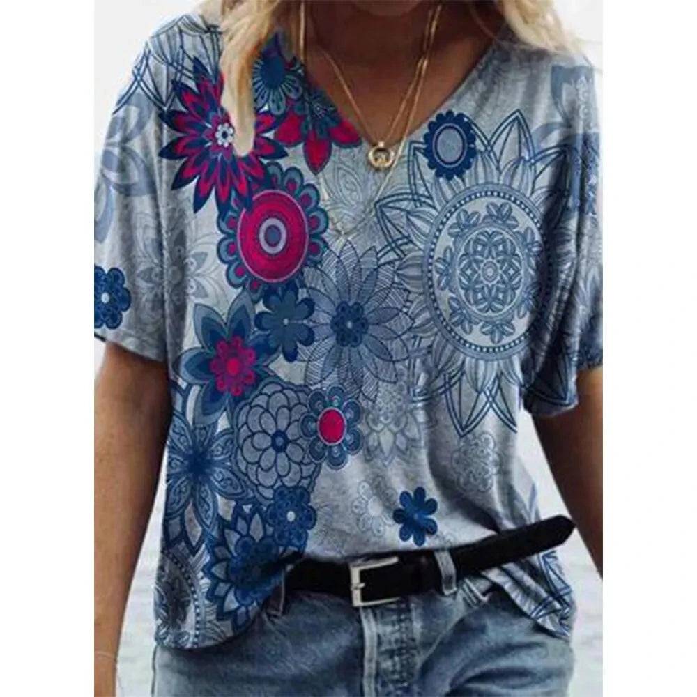 Women's T Shirts V-neck 3d Art Print Tops Loose Short Sleeve GlowCart