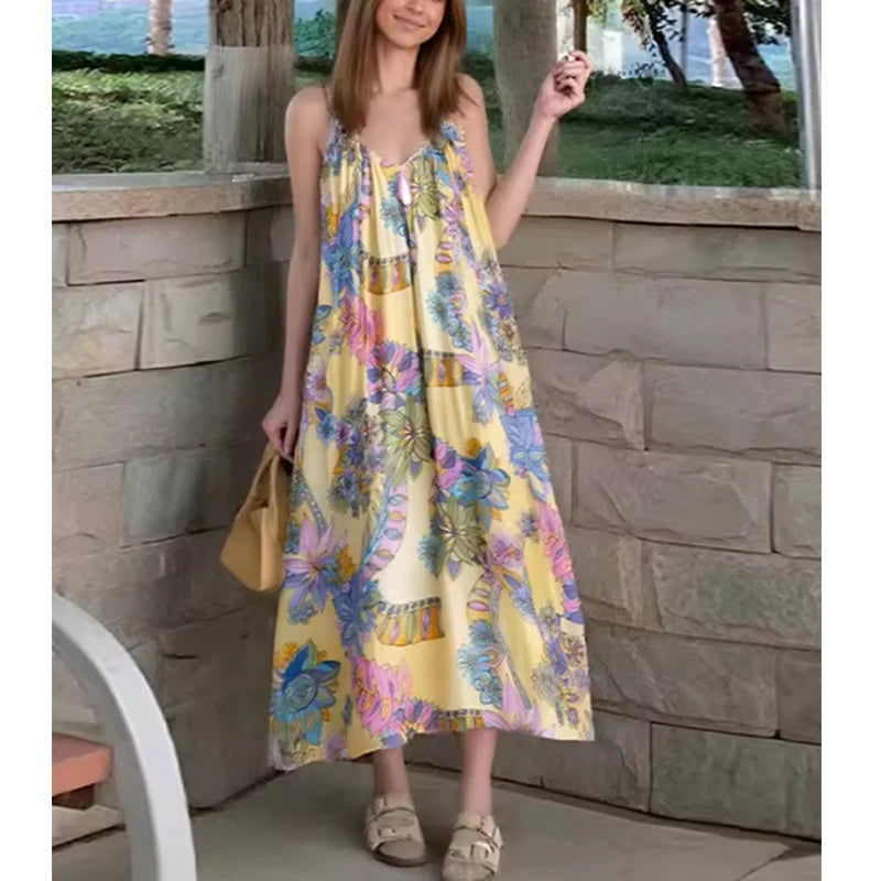 Summer Dress Women's 2025 New Fashion Print Loose V-neck
