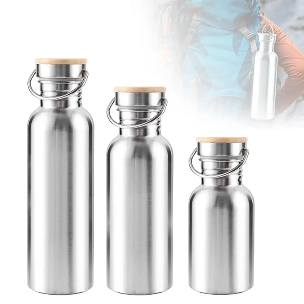 Silver Single Wall Water Bottle 304 Stainless Steel Water Bottles Portable Leak-Proof Bamboo Lid Insulated Metal Flask GlowCart