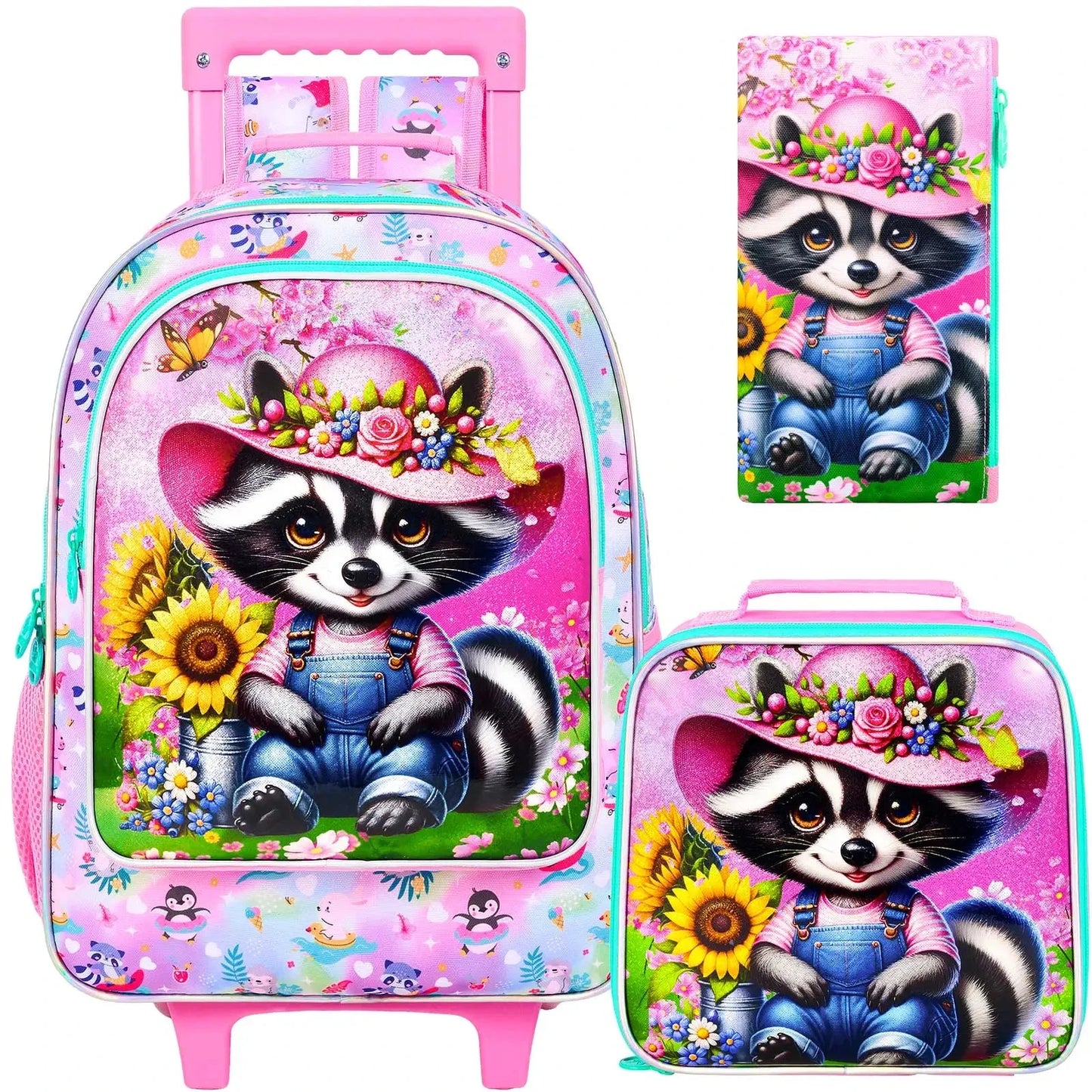 3PCS Rolling Backpack for Girls and Boys, Kids Roller Wheels Bookbag, Wheeled Elementary School Bag with Lunch Bag GlowCart
