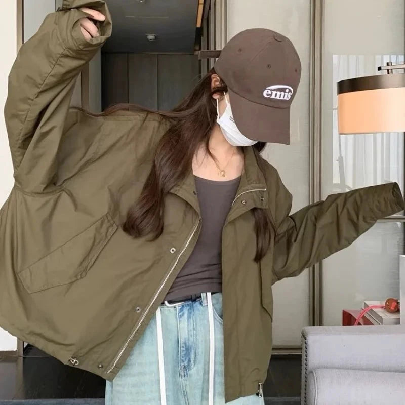 Military Green Stand Collar Short Windbreaker Women Early GlowCart