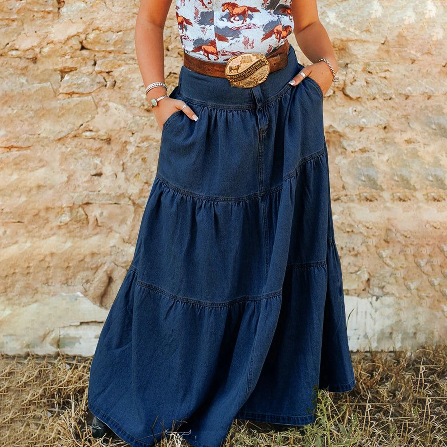 2025 New Fashion Women's Denim Long Skirt Stylish Solid High Waist A-Line Jean Skirt for Summer & Spring GlowCart