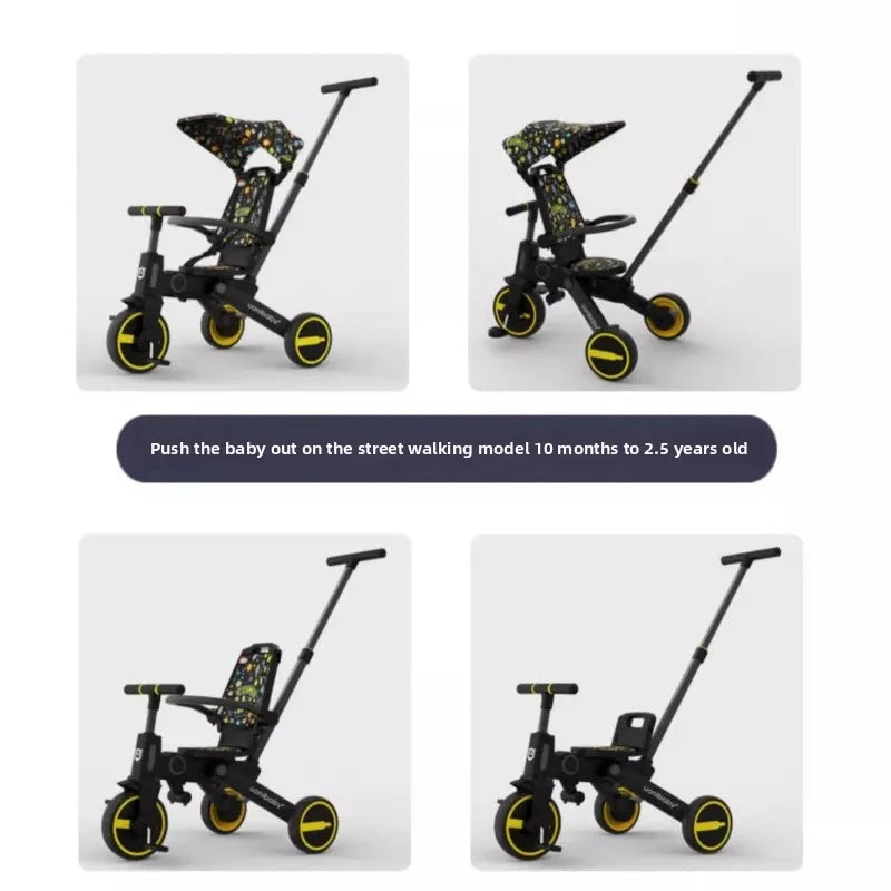 Children's Push Tricycle Baby Pedal Tricycle with Canopy Rideable and Swivel Foldable Baby Stroller GlowCart