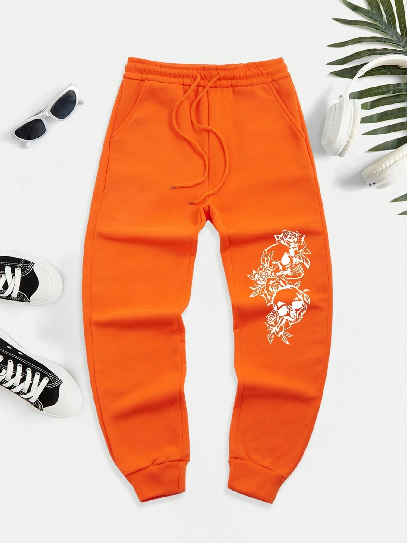 Skeleton Surrounded By Roses Printed Warm Men Long Pant GlowCart